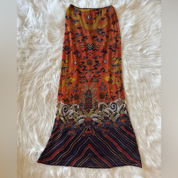 Vivienne Tam Dragon Printed Nylon Maxi Skirt Vtg Multicolor Size 1/2 - Picture 5 of 6